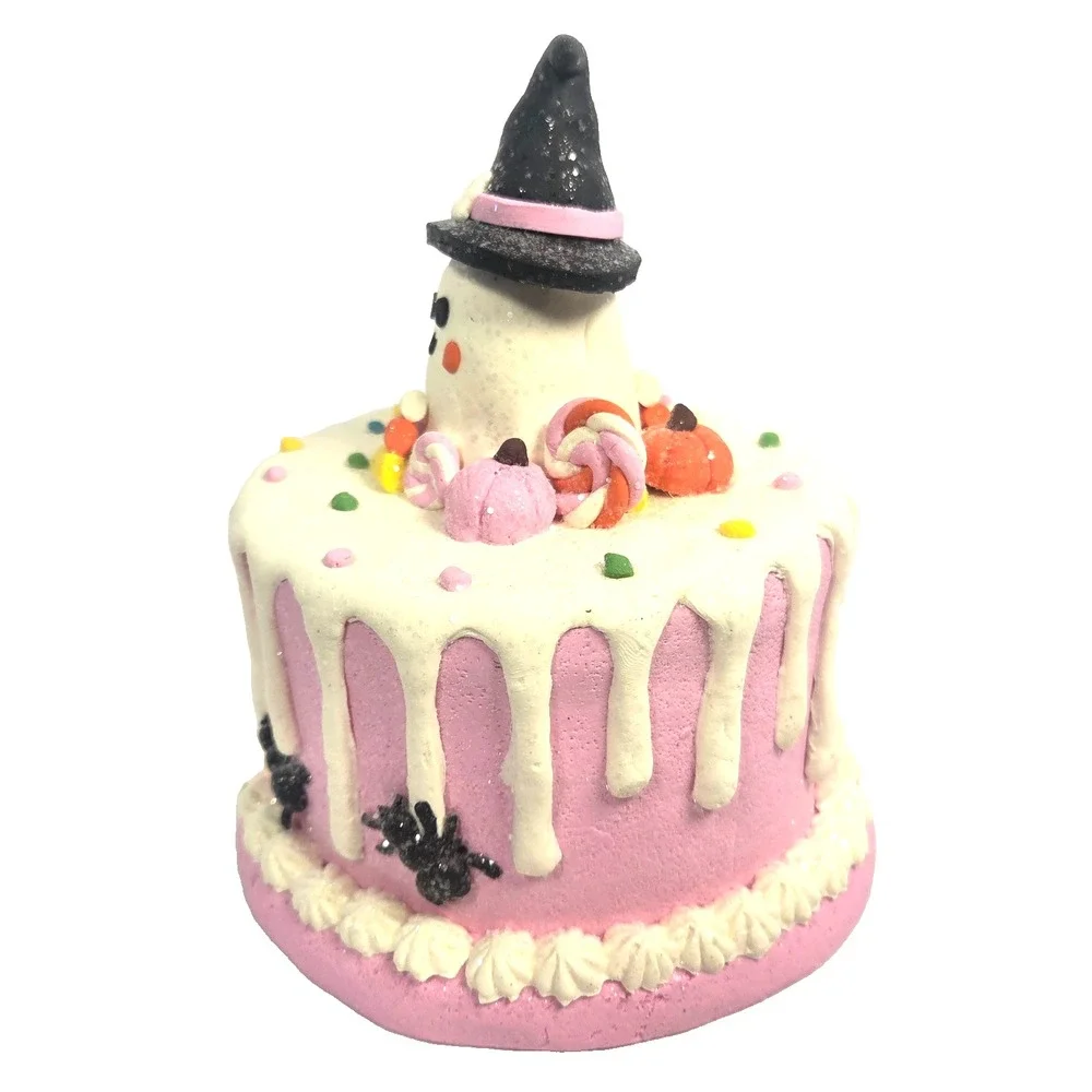Pink Ghost Halloween Cake Figurine Witch Hat Candy Pumpkin Spider Shelf Decor